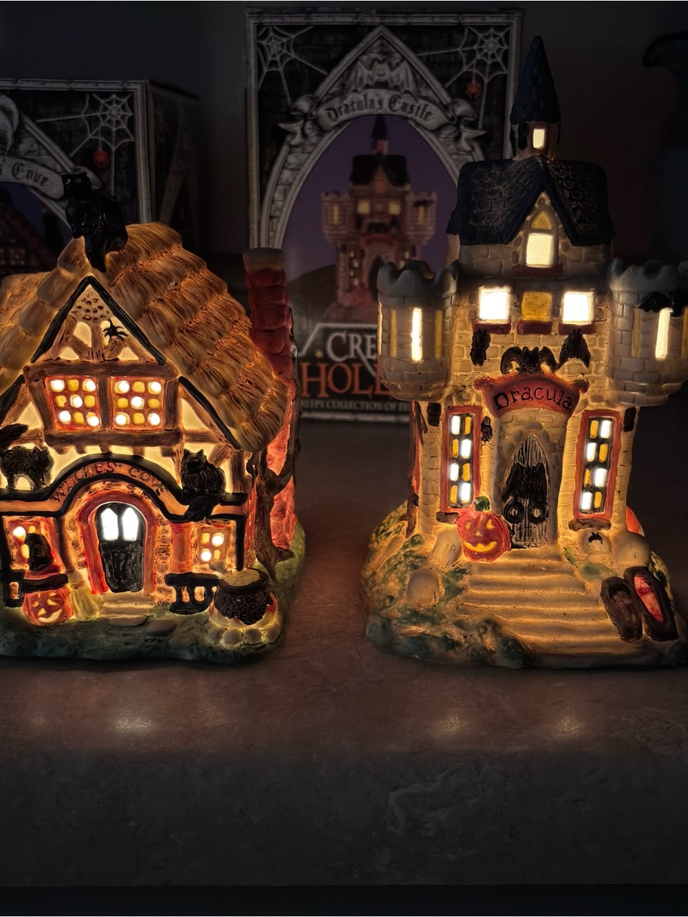 2-VTG Creepy Hollow Witches Cove&Draculas Castle Lighted Halloween House Midwest